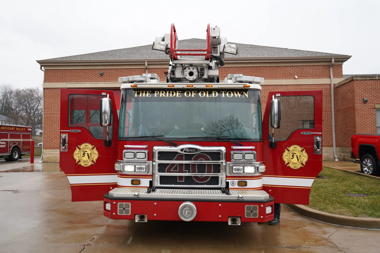 Aerial Truck 4012 at the station, the Pride of Old Town